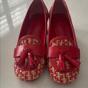 Tory Burch Red and Tan Woven Loafers